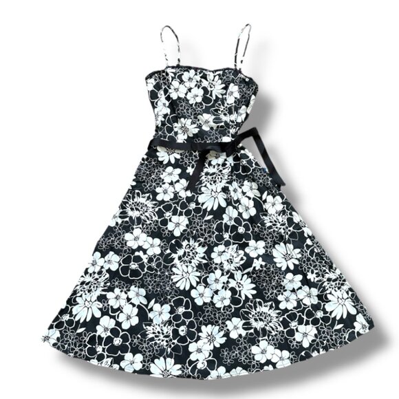 Vintage 90s Jodi Kristopher Black White Tropical Floral Dress Women's Size 3/4 - Picture 1 of 16